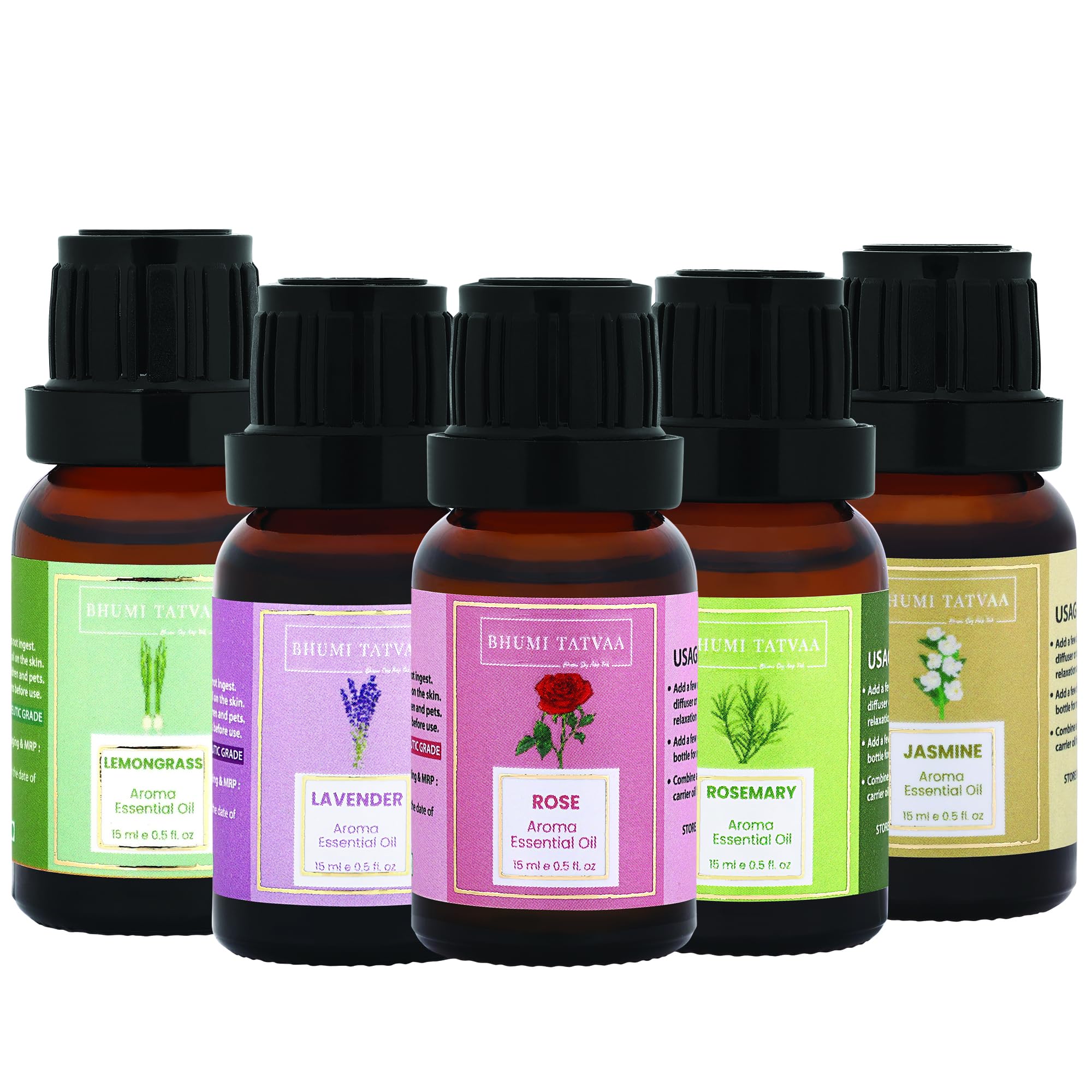 Bhumi Tatvaa Essential Oil| Lemongrass| Lavender| Jasmine| Rose| Sandalwood Essential Oil for Hair Growth| Skin care| Diffuser for Home| Car| Office Fragrance 75ml (Pack of 5)