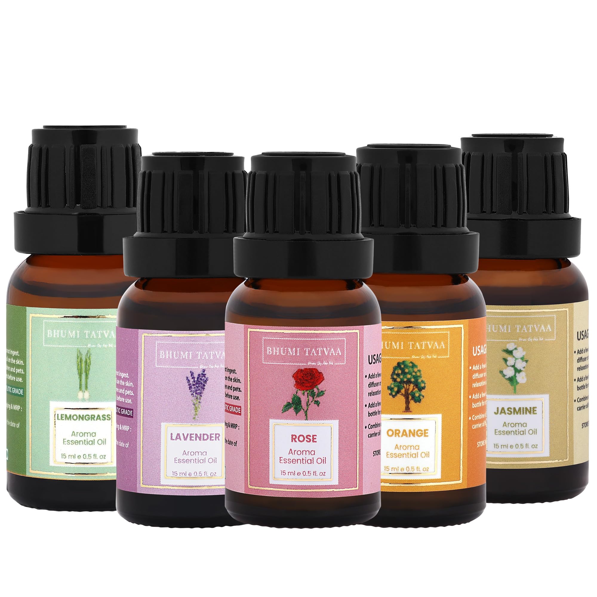 Bhumi Tatvaa Essential Oil| Lavender| Lemongrass| Jasmine| Orange| Rose Essential Oil for Hair Growth| Skin care| Diffuser for Home| Car| Office Fragrance 75ml (Pack of 5)