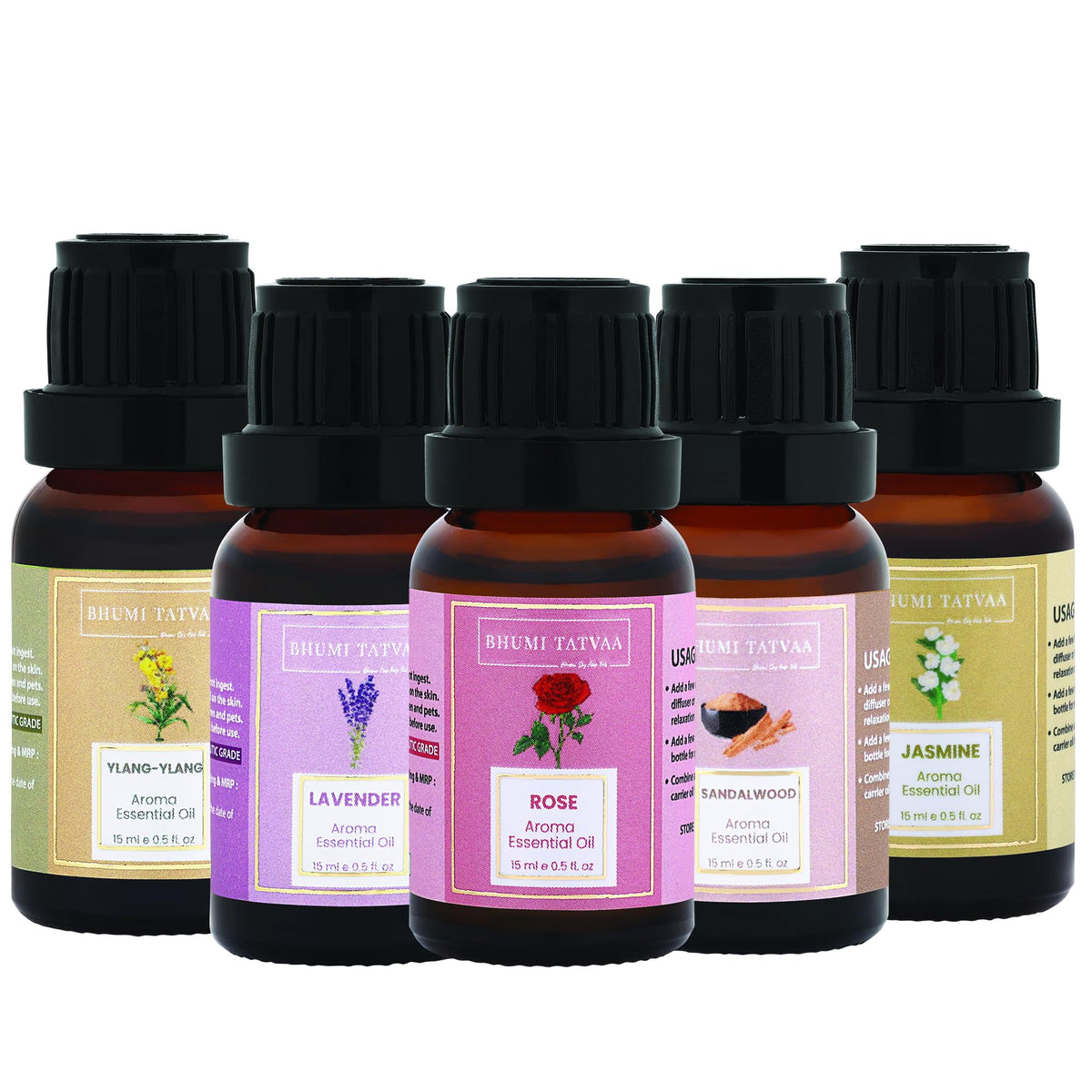 Bhumi Tatvaa Essential Oil| Lavender| Sandalwood| Jasmine| Rose| Ylang Ylang Essential Oil for Hair Growth| Skin care| Diffuser for Home| Car| Office Fragrance 75ml (Pack of 5)
