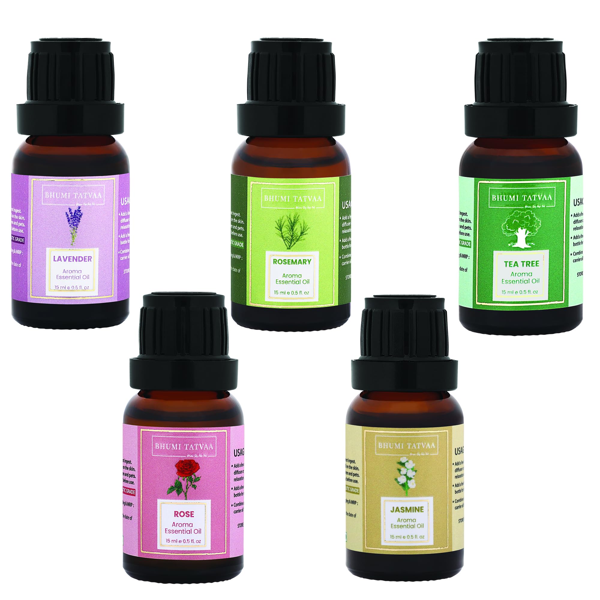 Bhumi Tatvaa Essential Oil| Lavender| Tea Tree| Rosemary| Rose| Jasmine Essential Oil for Hair Growth| Skin care| Diffuser for Home| Car| Office Fragrance 75ml (Pack of 5)