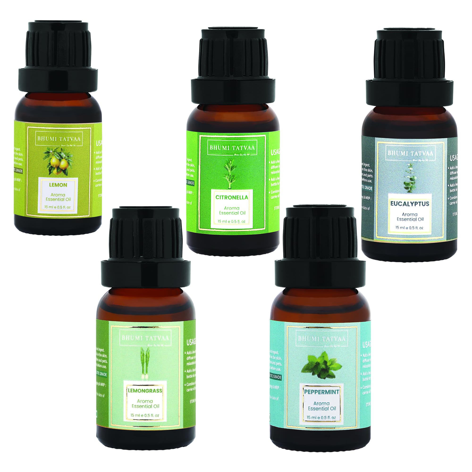 Bhumi Tatvaa Essential Oil| Peppermint| Lemongrass| Eucalyptus| Lemon| Citronella Essential Oil for Hair Growth| Skin care| Diffuser for Home| Car| Office Fragrance 75ml (Pack of 5)