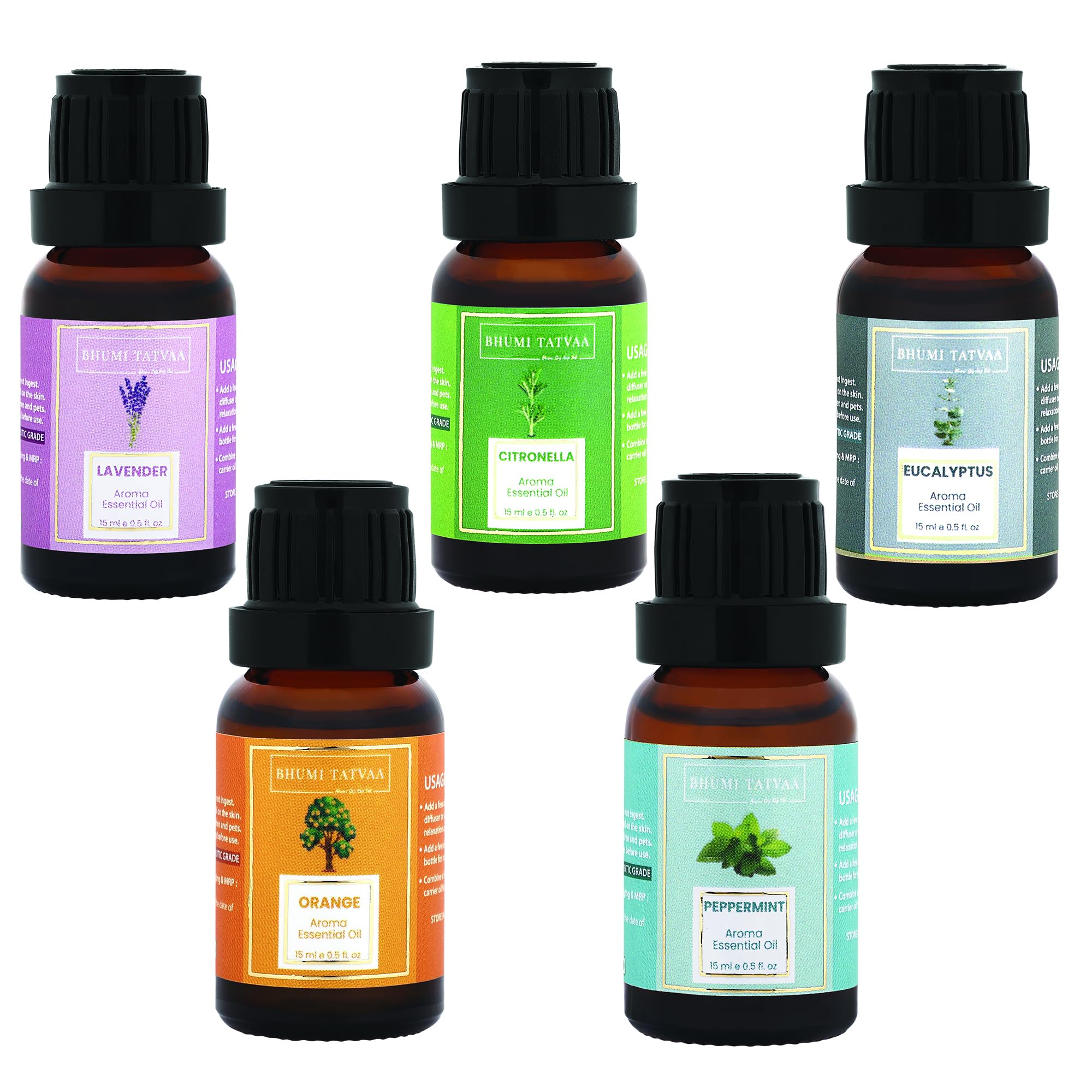 Bhumi Tatvaa Essential Oil| Peppermint| Lavender| Orange| Eucalyptus| Citronella Essential Oil for Hair Growth| Skin care| Diffuser for Home| Car| Office Fragrance 75ml (Pack of 5)