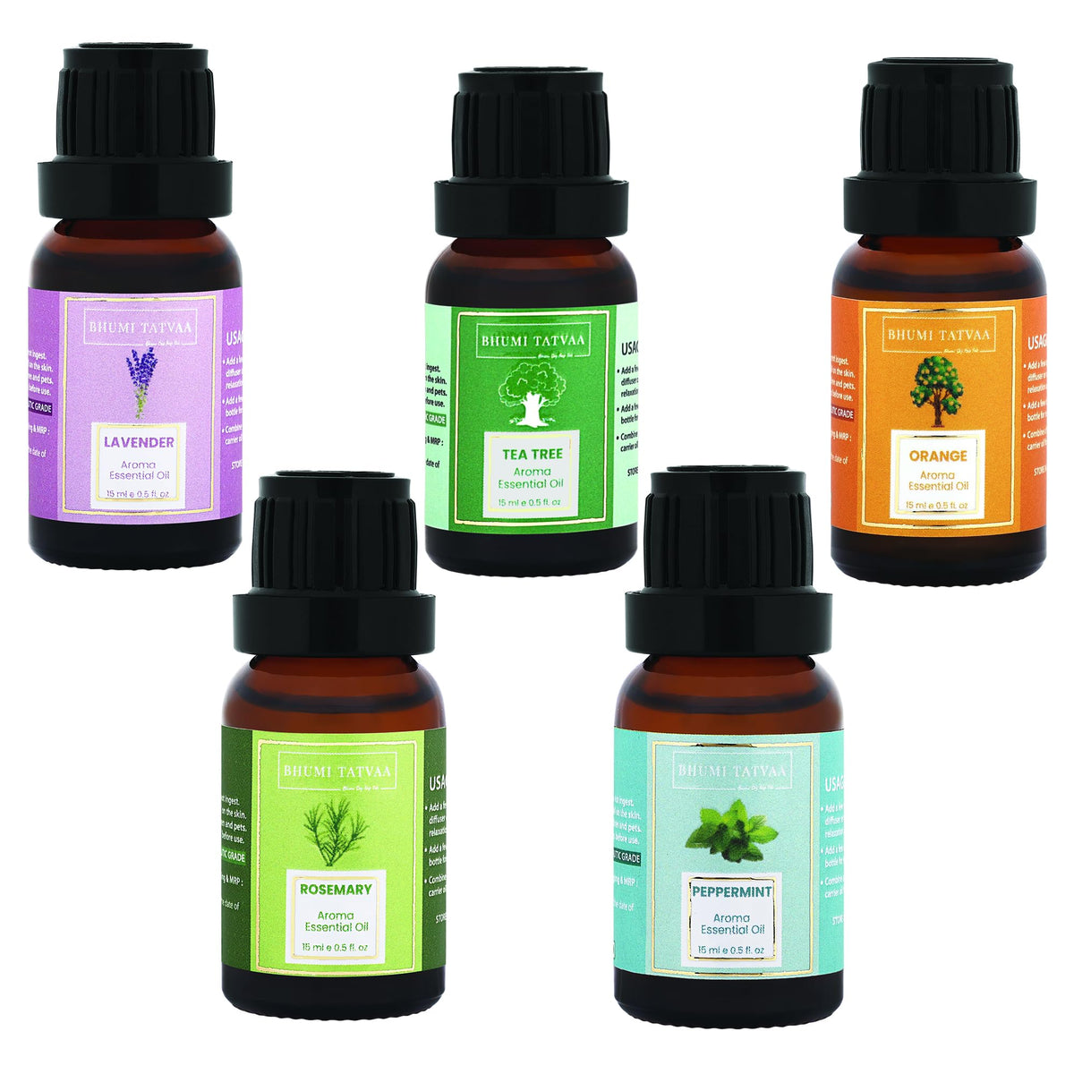 Bhumi Tatvaa Essential Oil| Tea Tree| Lavender| Orange| Peppermint| Rosemary Oils Essential Oil for Hair Growth| Skin care| Diffuser for Home| Car| Office Fragrance 75ml (Pack of 5)