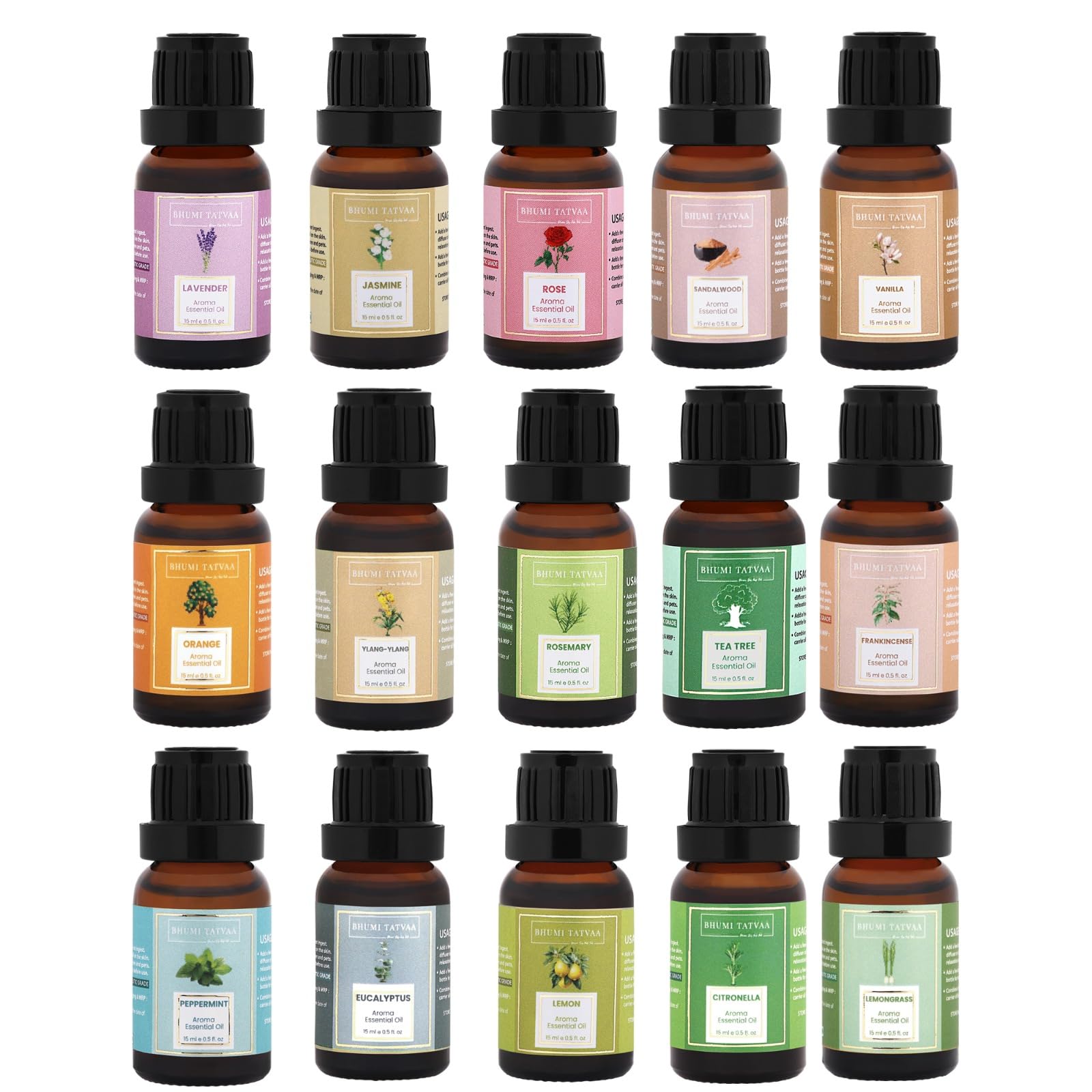 Bhumi Tatvaa Essential Oil| Lavender| Rose| Jasmine|Sandalwood| Rosemary|Tea Tree| Lemongrass| Citronella| Lemon| Orange| Eucalyptus| Peppermint| Vanilla| Frankincense| Ylang-Ylang 225ml (Pack of 15)
