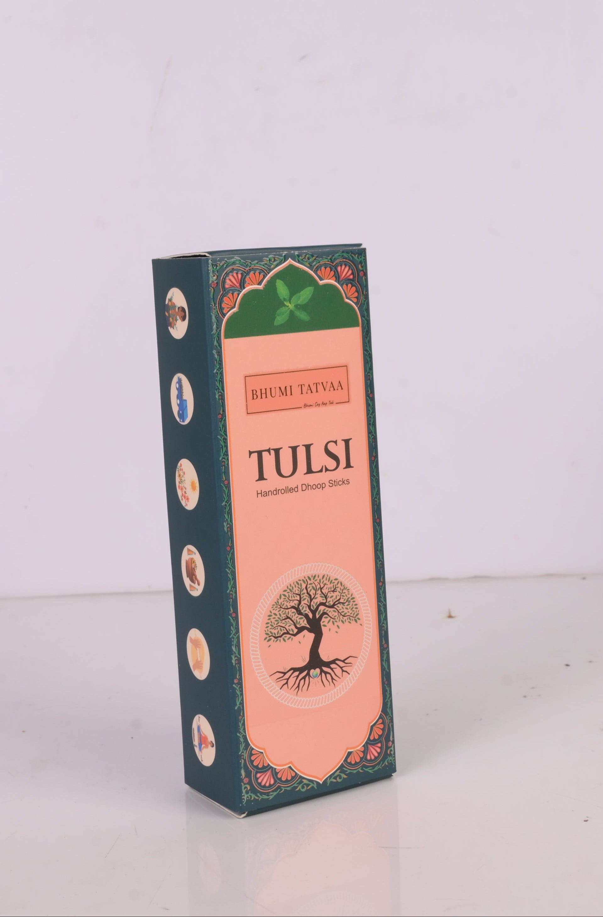 Tulsi product packaging on a white surface with a light gray background