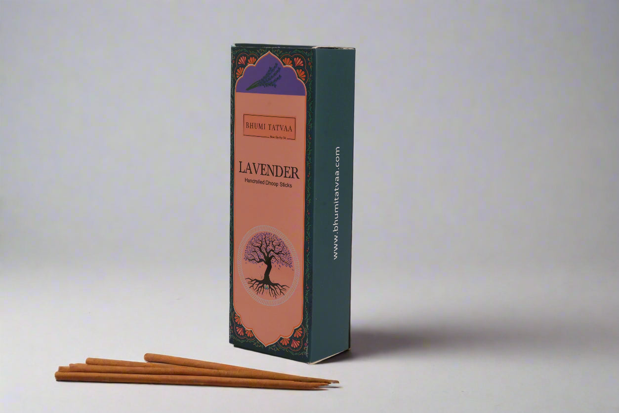 Lavender incense box with a tree design on a white surface