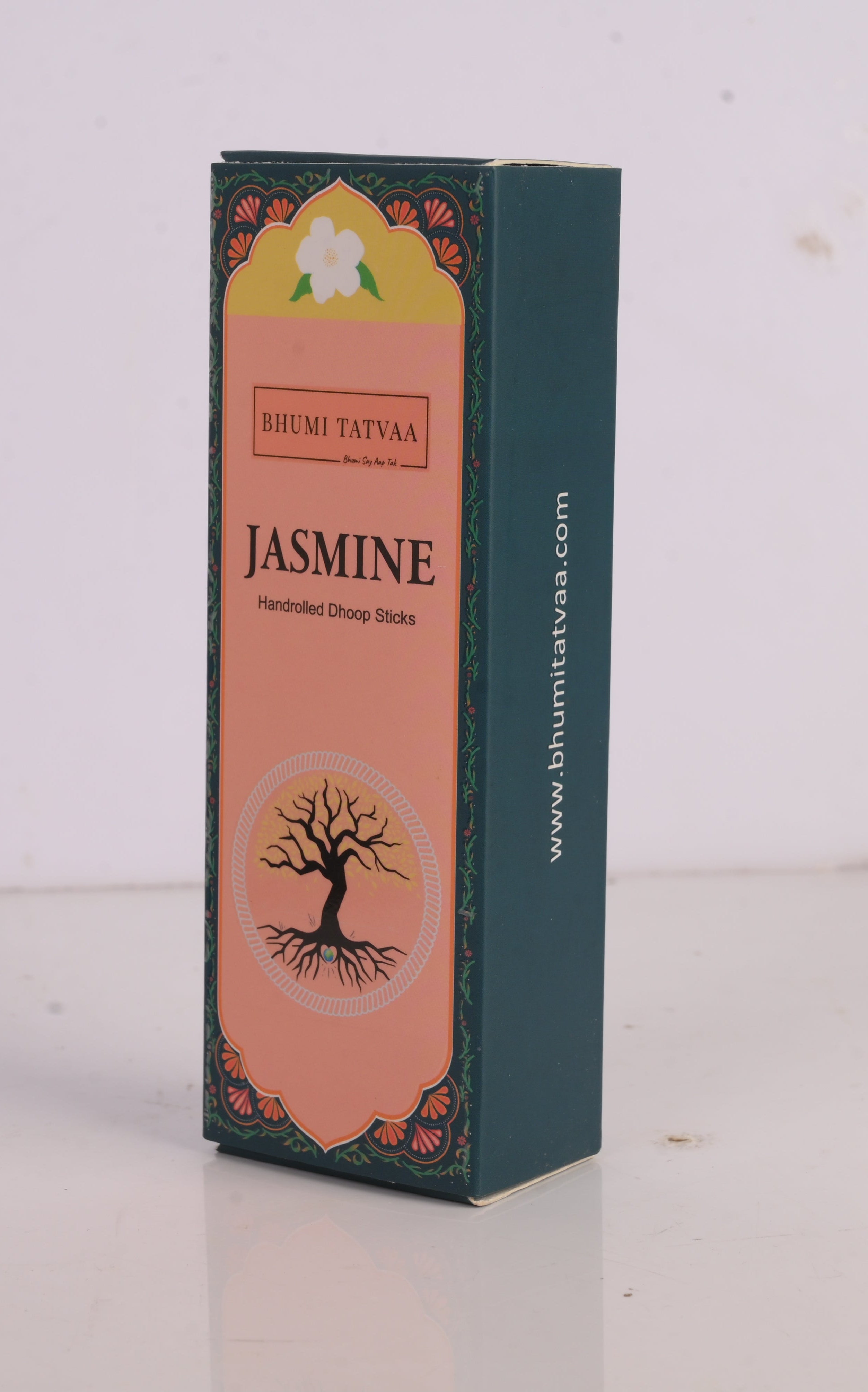 Bhumi Tatvaa Jasmine incense stick packaging on a white surface