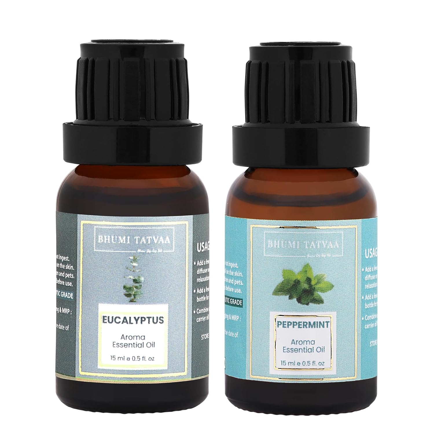 Bhumi Tatvaa Eucalyptus and Peppermint Essential Oil | Aromatic Oil for Relaxing Fragrance | Ideal for Diffusers, Massage & Everyday Use | Natural Eucalyptus & Peppermint Scent - Pack of 2 - 15ml Each