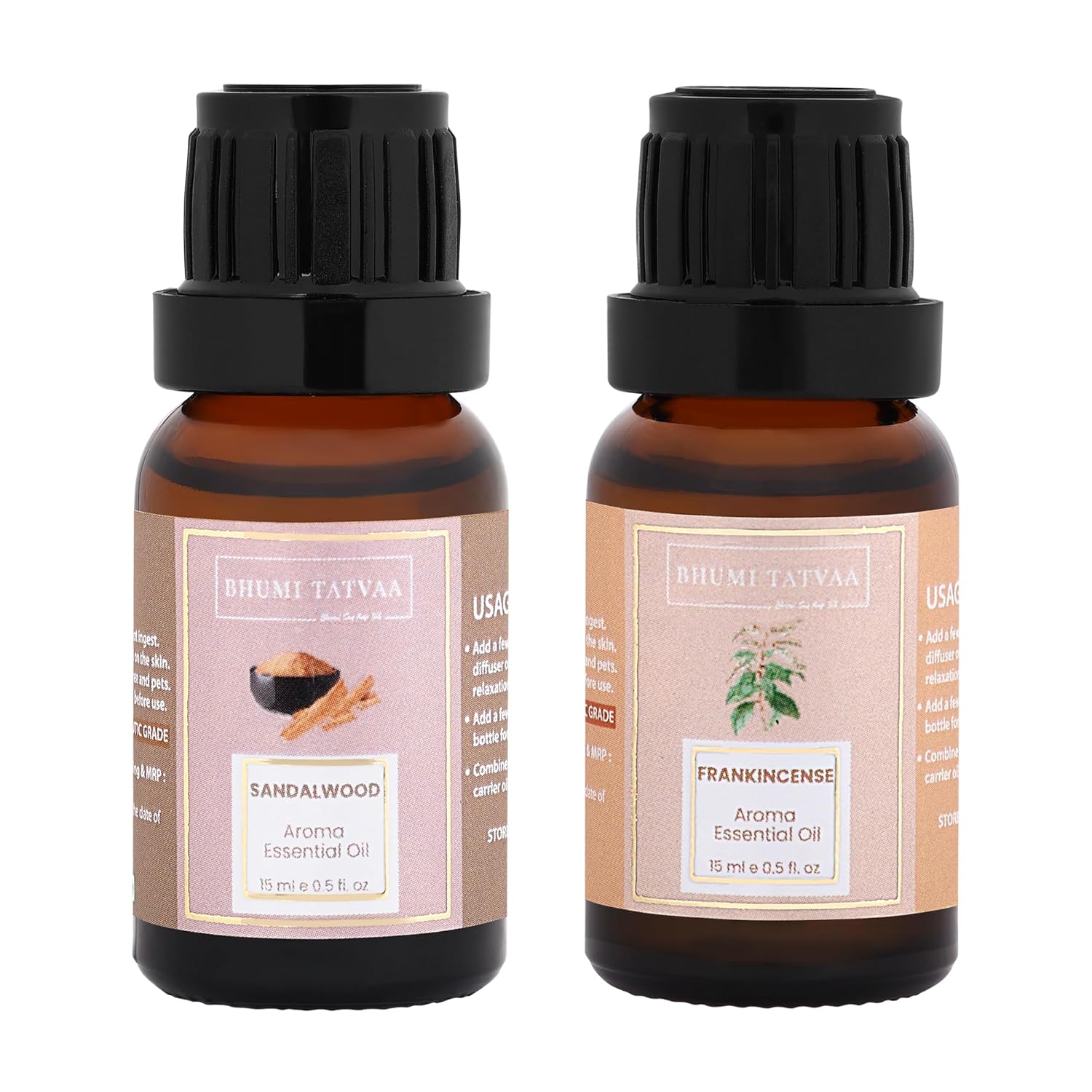 Bhumi Tatvaa Frankincense and Sandalwood Essential Oil | Aromatic Oil for Relaxing | Ideal for Diffusers, Massage & Everyday Use | Natural Frankincense & Sandalwood Scent - Pack of 2 - 15ml Each