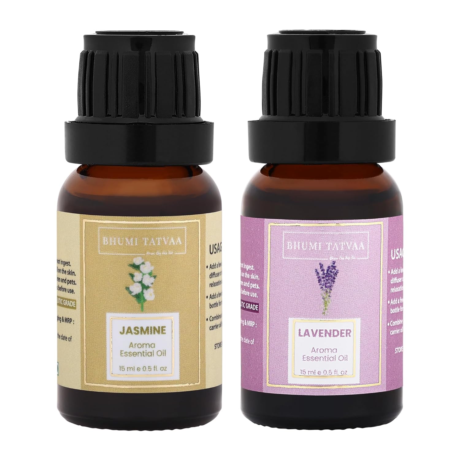 Bhumi Tatvaa Jasmine and Lavender Essential Oil | Pure Aromatic Oil for Relaxing Fragrance | Ideal for Diffusers, Massage, and Everyday Use | Natural Jasmine & Lavender Scent - Pack of 2 - 15ml Each