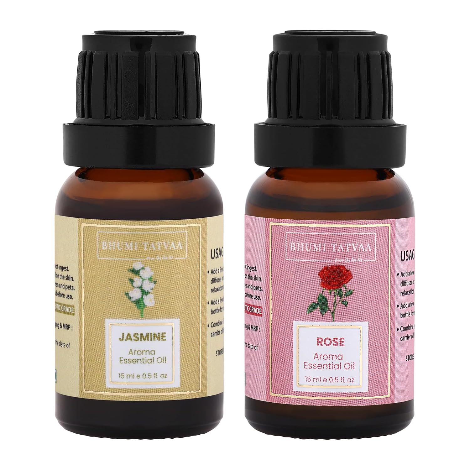 Bhumi Tatvaa Jasmine and Rose Essential Oil | Pure Aromatic Oil for Relaxing Fragrance | Ideal for Diffusers, Massage, and Everyday Use | Natural  Jasmine & Rose Scent - Pack of 2 - 15ml Each