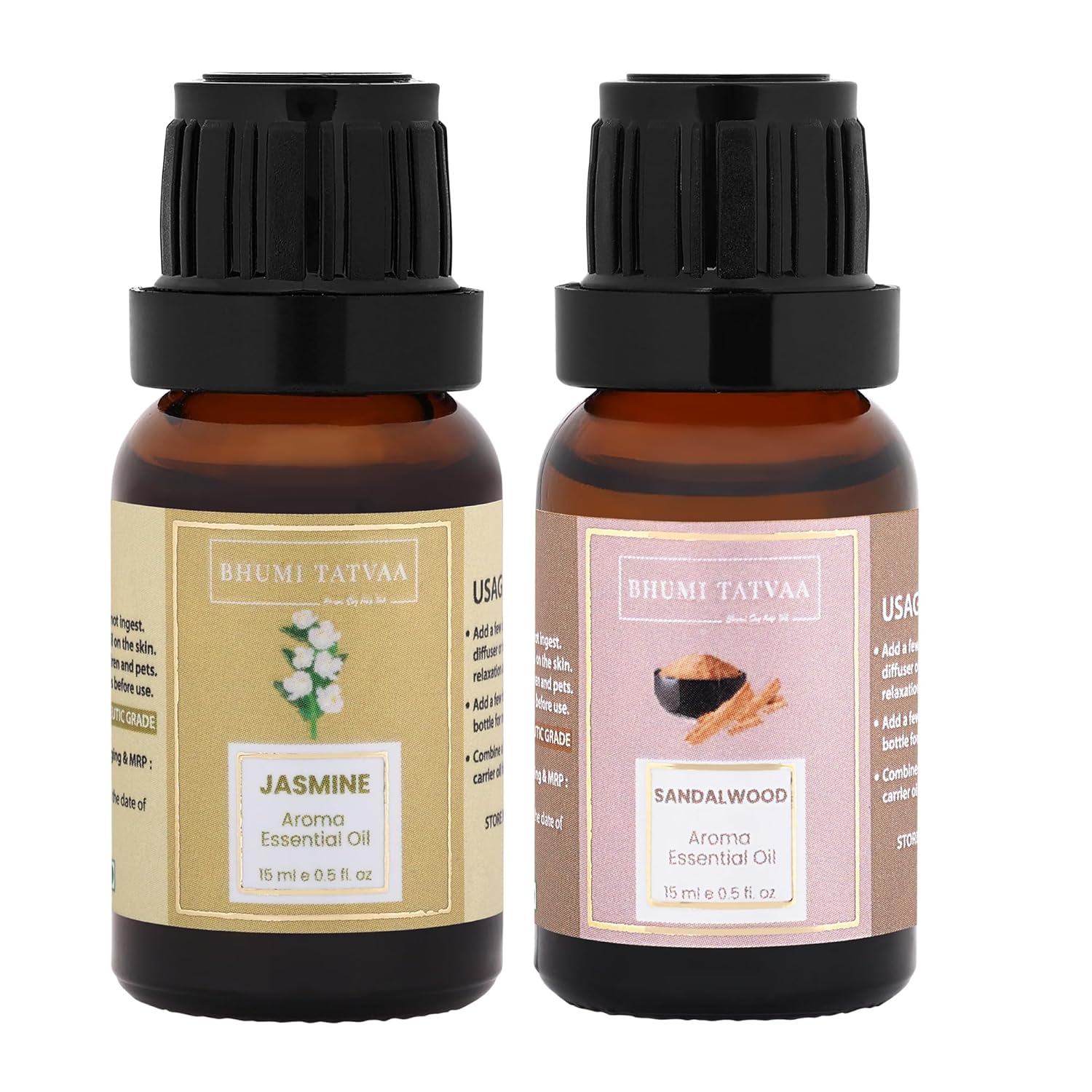 Bhumi Tatvaa Jasmine and Sandalwood Essential Oil | Pure Aromatic Oil for Relaxing Fragrance | Ideal for Diffusers, Massage & Everyday Use | Natural Jasmine & Sandalwood Scent - Pack of 2 - 15ml Each