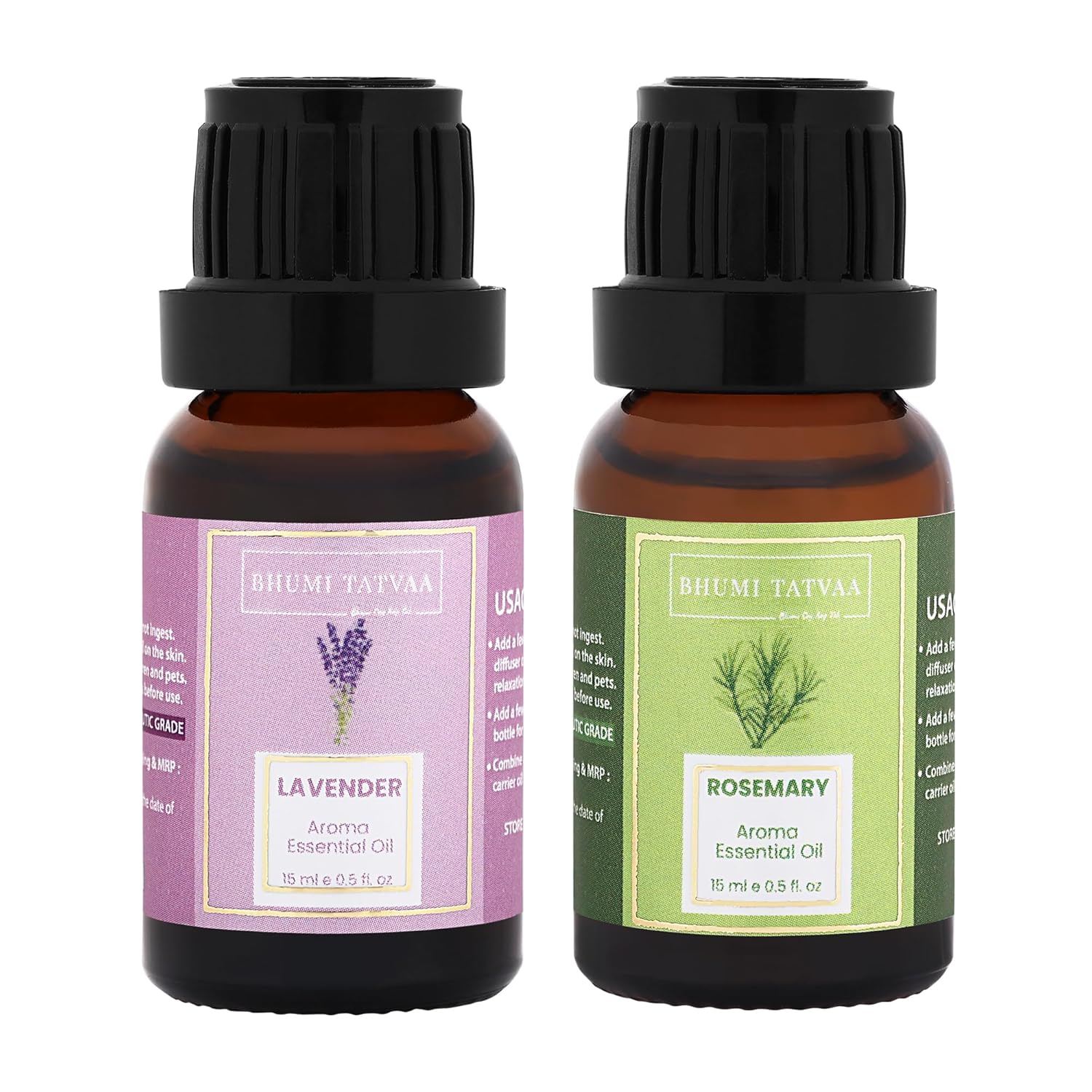 Bhumi Tatvaa Lavender and Rosemary Essential | Pure Aromatic Oil for Relaxing Fragrance | Ideal for Diffusers, Massage, and Everyday Use | Natural Lavender Scent - Pack of 2 - 15ml Each