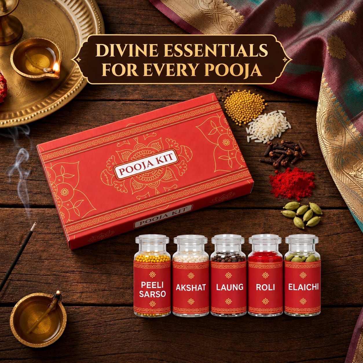 Bhumi Tatvaa Premium 5-in-1 Pooja Kit (Glass Vials) | Essential Puja Samagri Set with Roli, Akshat, Peeli Sarso, Laung & Elaichi for Daily Mandir, Havan, Diwali & Festive Rituals
