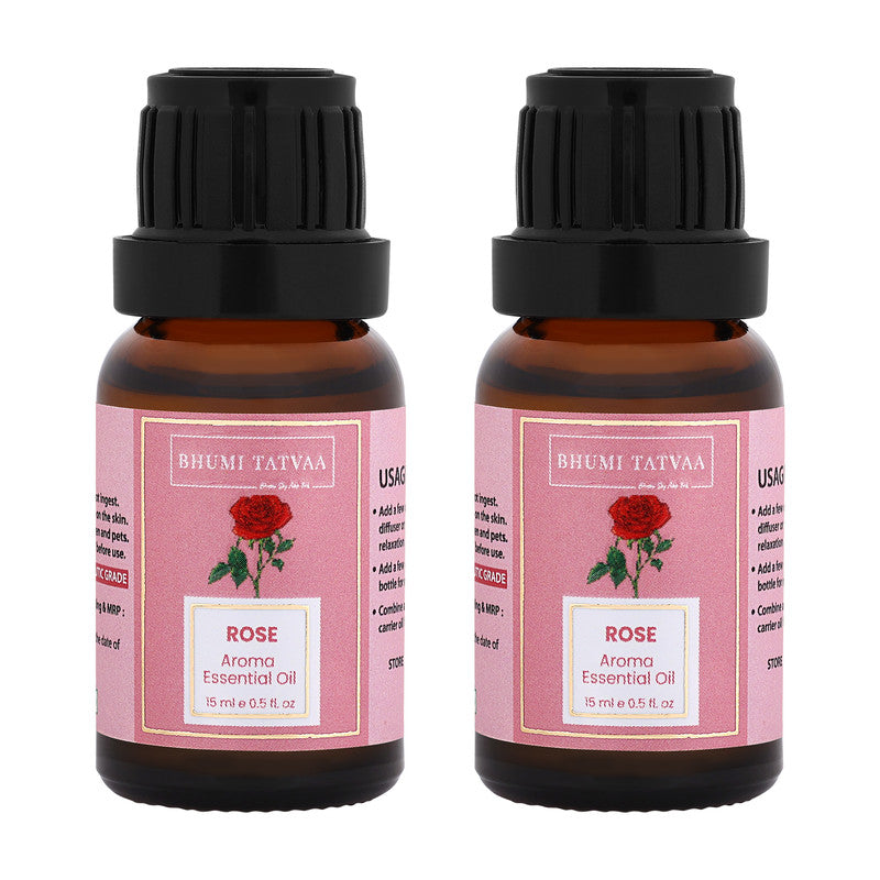 Bhumi Tatvaa Rose Essential Oil | Pure Aromatic Oil for Relaxing Fragrance | Ideal for Diffusers, Massage, and Everyday Use | Natural Rose Scent - Pack of 2 - 15ml Each