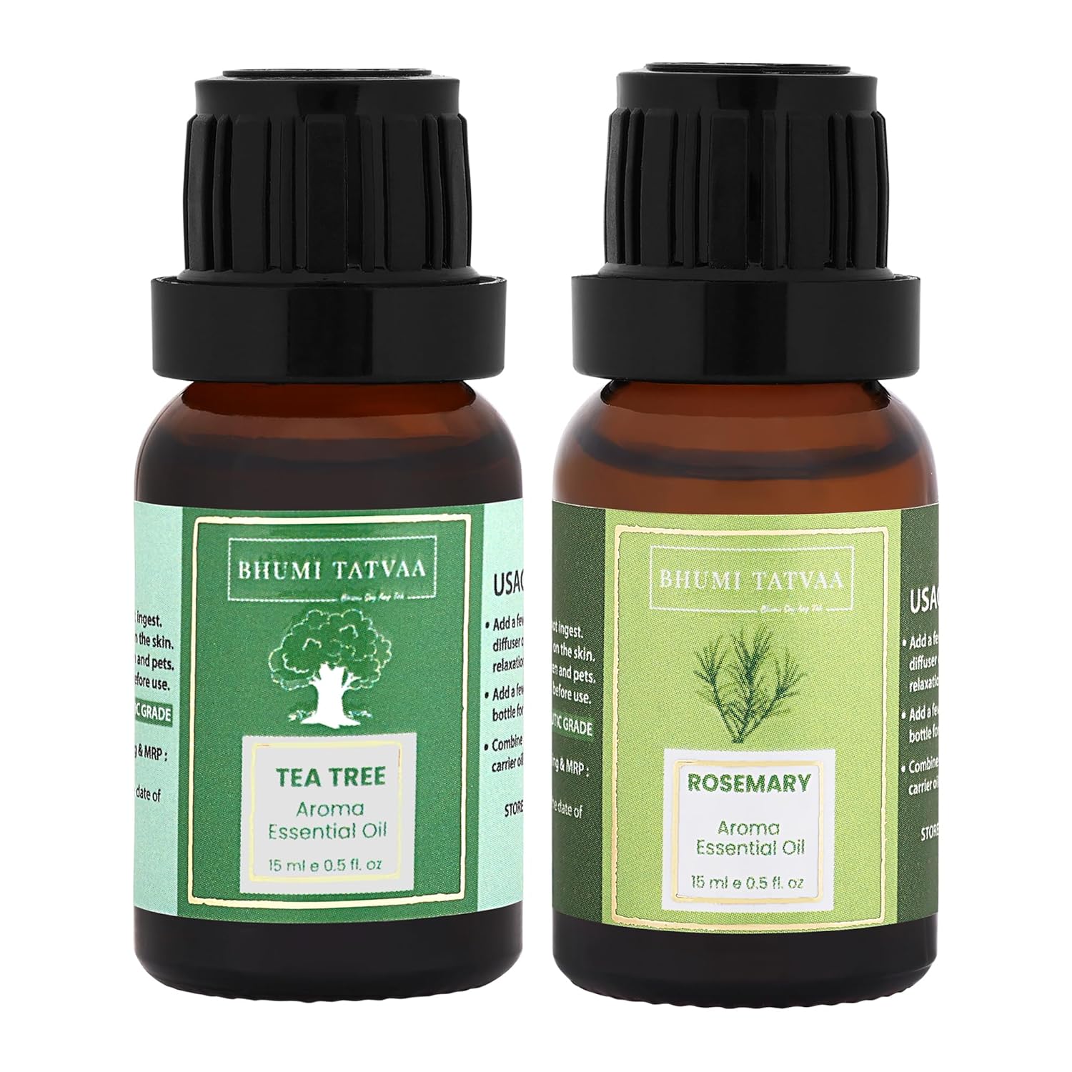 Bhumi Tatvaa Tea Tree and Rosemary Essential Oil | Pure Aromatic Oil for Relaxing Fragrance | Ideal for Diffusers, Massage & Everyday Use | Natural Tea Tree & Rosemary Scent - Pack of 2 - 15ml Each