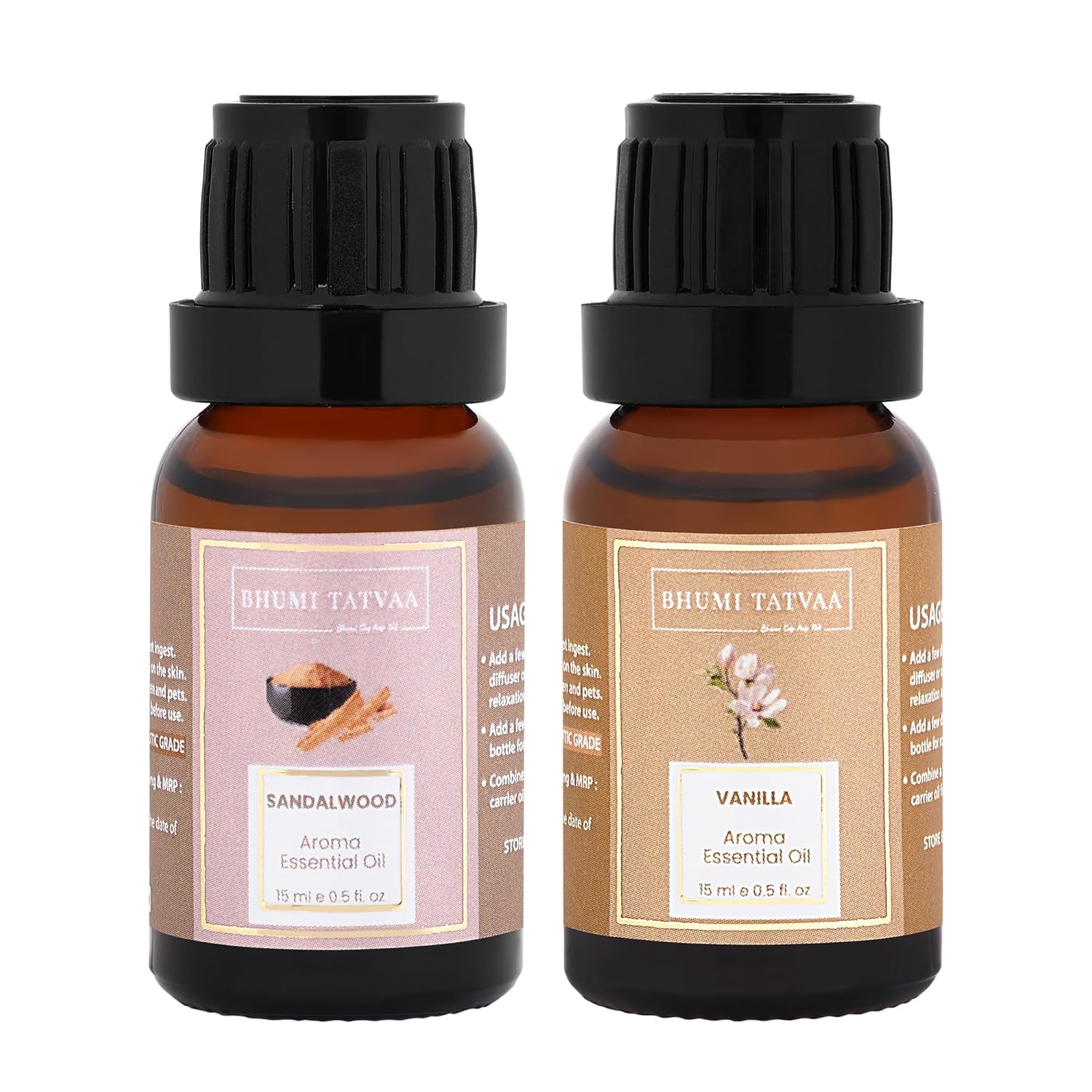 Bhumi Tatvaa Vanilla & Sandalwood Essential Oil | Pure Aromatic Oil for Relaxing Fragrance | Ideal for Diffusers, Massage & Everyday Use | Natural Vanilla & Sandalwood Scent - Pack of 2 - 15ml Each