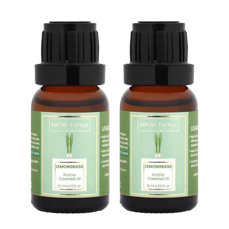 Bhumi Tatvaa Lemongrass Essential Oil | Pure Aromatic Oil for Relaxing Fragrance | Ideal for Diffusers, Massage, and Everyday Use | Natural Lemongrass Scent - Pack of 2 - 15ml Each