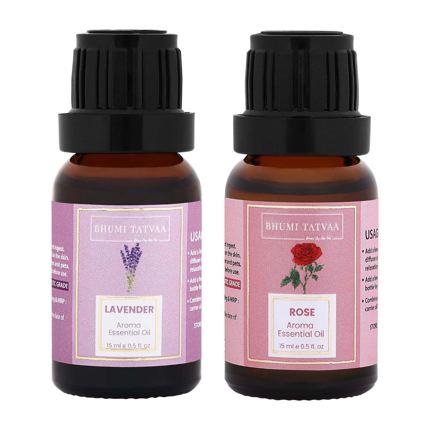 Bhumi Tatvaa Lavender and Rose Essential Oil | Pure Aromatic Oil for Relaxing Fragrance | Ideal for Diffusers, Massage, and Everyday Use | Natural Lavender & Rose Scent - Pack of 2 - 15ml Each