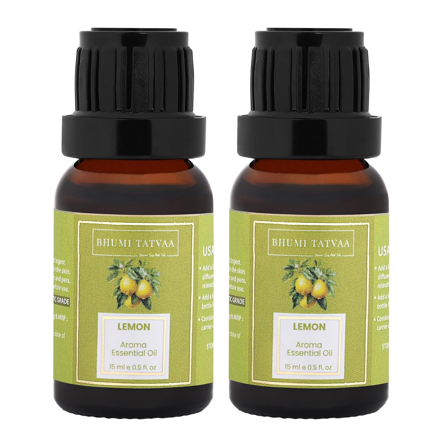 Bhumi Tatvaa Lemon Essential Oil | Pure Aromatic Oil for Relaxing Fragrance | Ideal for Diffusers, Massage, and Everyday Use | Natural Lemon Scent - Pack of 2 - 15ml Each
