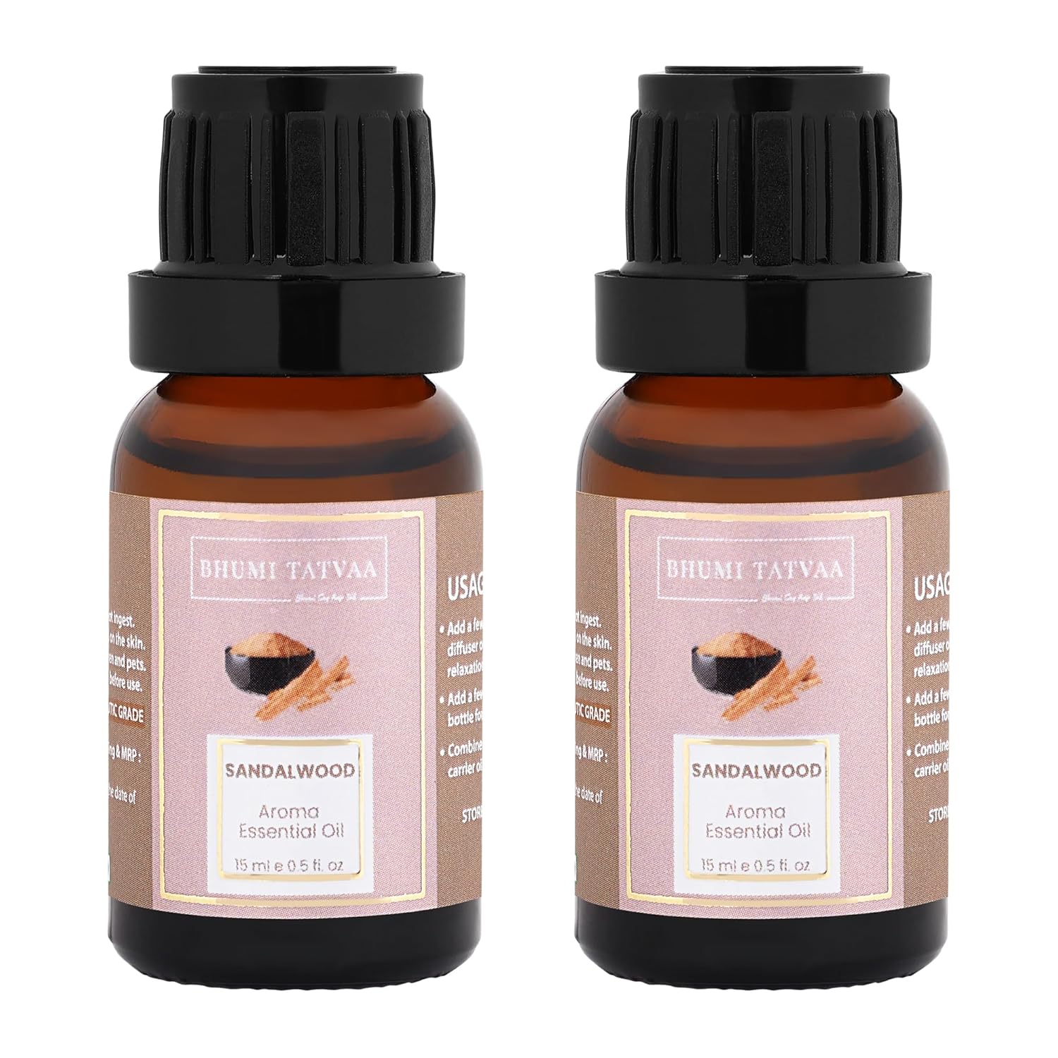 Bhumi Tatvaa Sandalwood Essential Oil | Pure Aromatic Oil for Relaxing Fragrance | Ideal for Diffusers, Massage, and Everyday Use | Natural Sandalwood Scent - Pack of 2 - 15ml Each