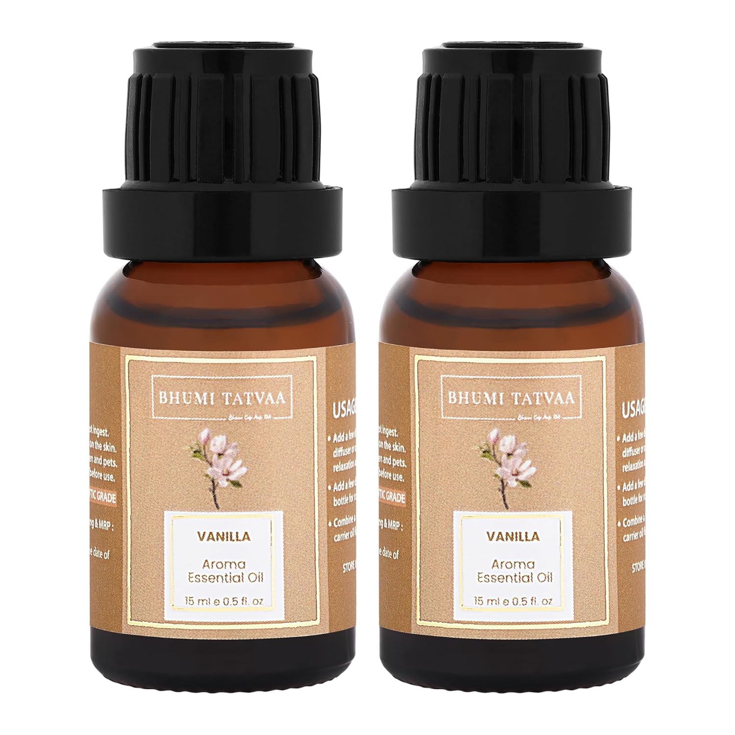 Bhumi Tatvaa Vanilla Essential Oil | Pure Aromatic Oil for Relaxing Fragrance | Ideal for Diffusers, Massage, and Everyday Use | Natural Vanilla Scent - Pack of 2 - 15ml Each